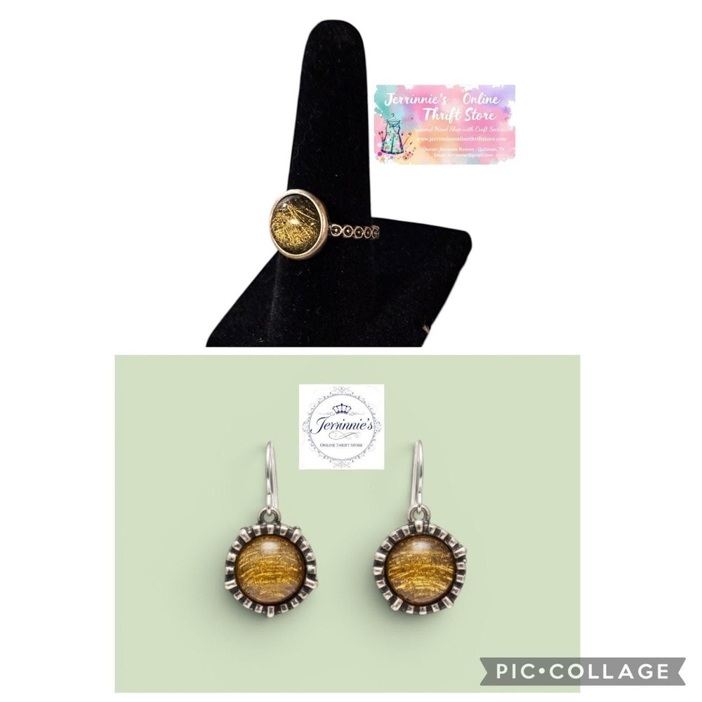 Vintage Style Gold Dichroic‎ Glass Ring and Drop Earring Jewelry Set Silver Tone